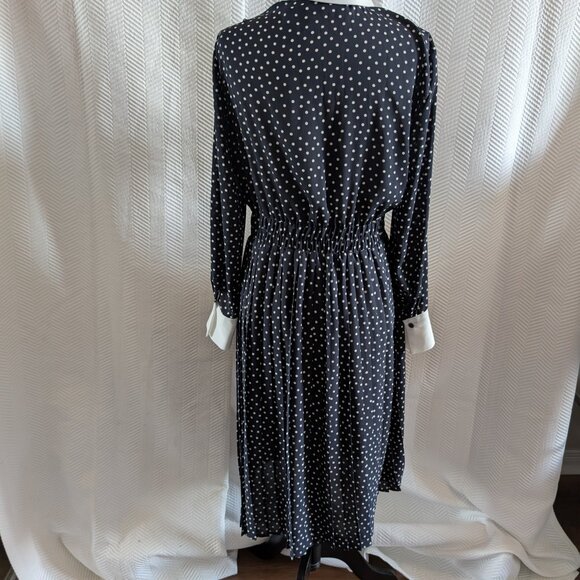 Zara Polka Dot Pleated Dress Navy Blue White Collar Cuffs Size Small Retro - Picture 3 of 13